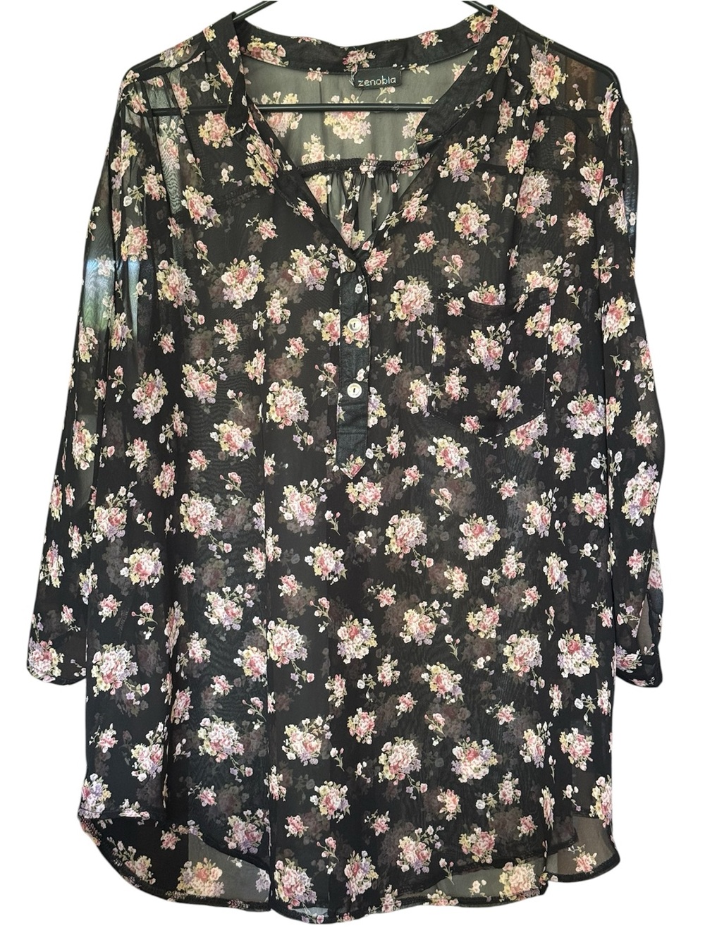Zenobia Women’s Black Floral Sheer Henley Blouse with Pink Blossoms Size xl